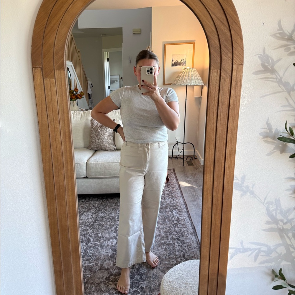 White Short Sleeve Top and Cream Pants